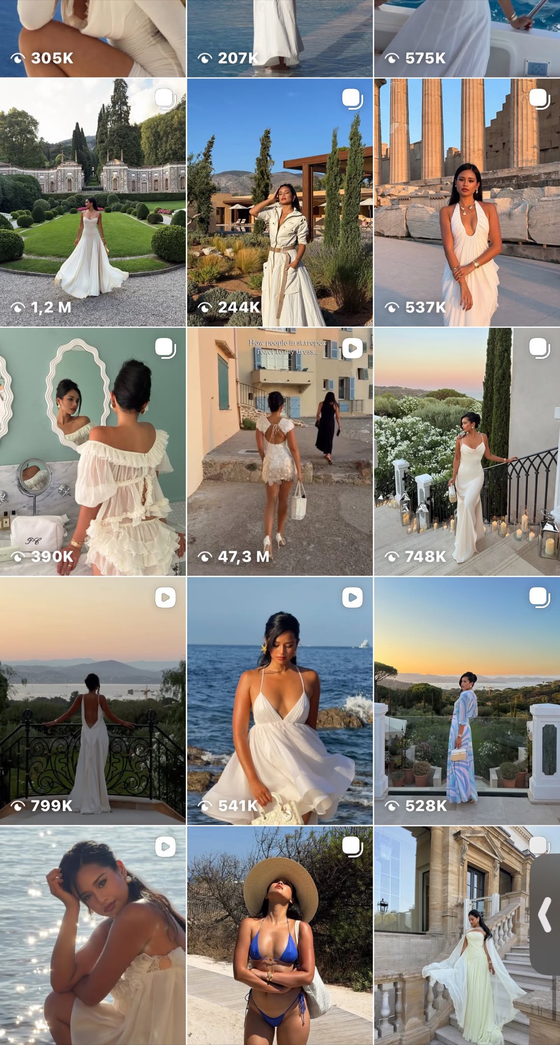 Grid of Jarinpat's Instagram posts in Saint-Tropez and Greece with view counts, including a reel at 47.3M views