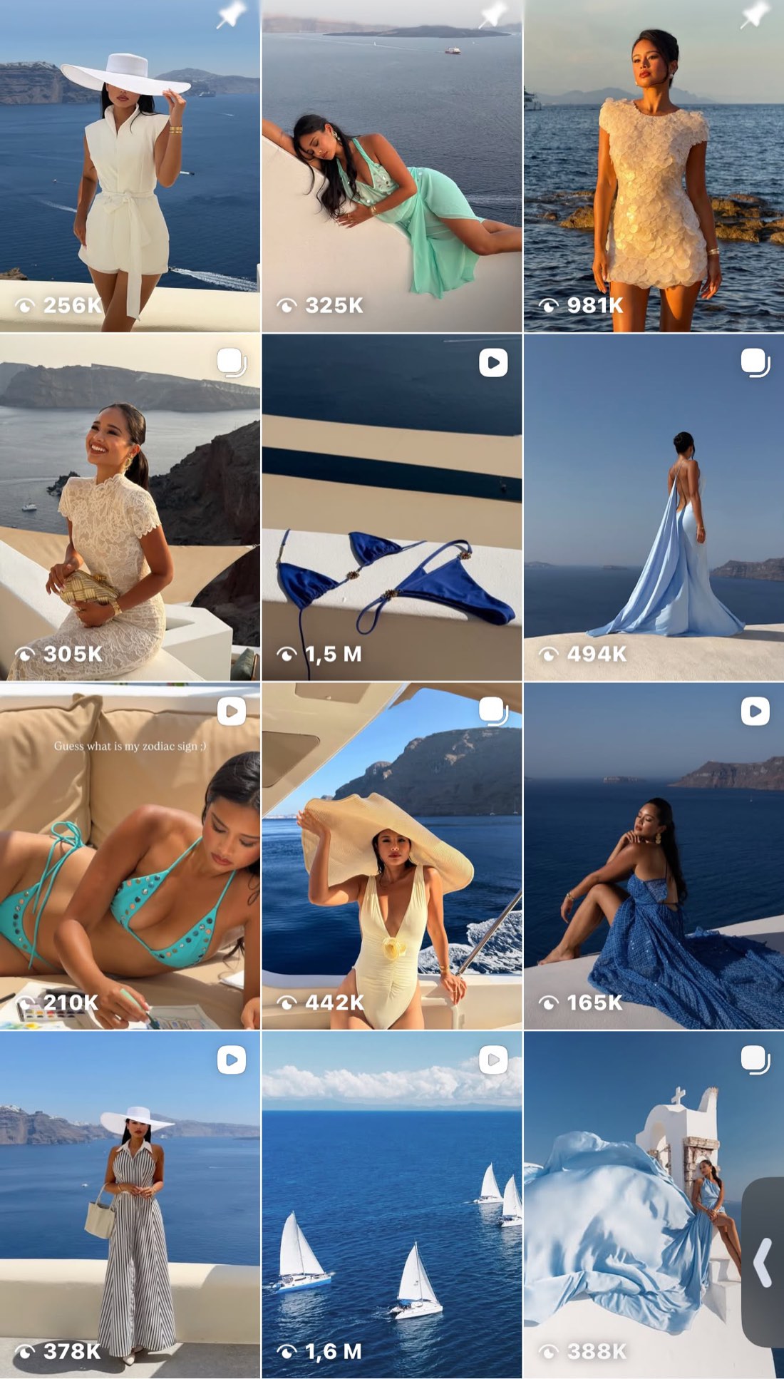 Grid of Jarinpat's Instagram posts in Santorini with view counts per post