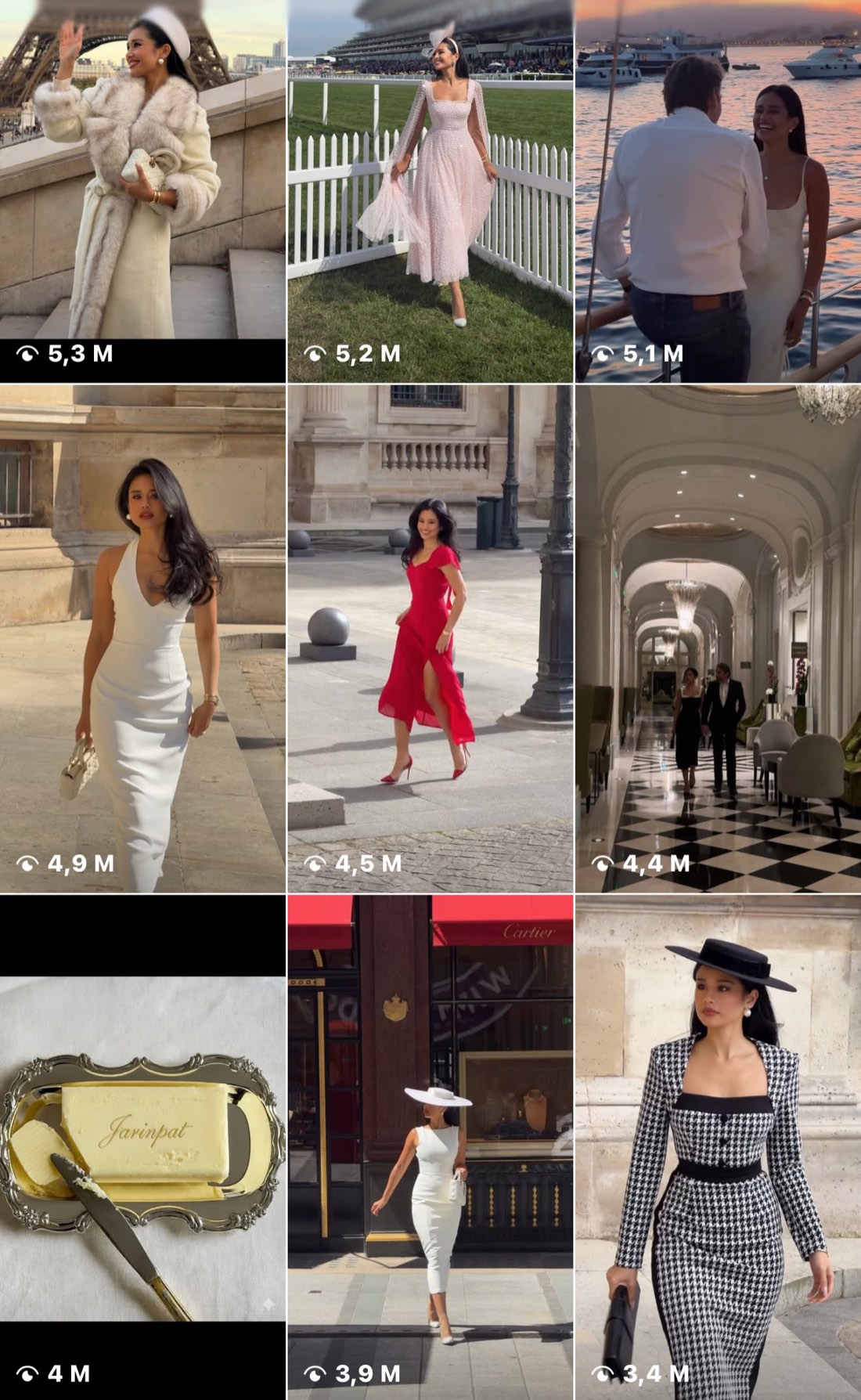 Grid of Jarinpat's most viewed Instagram video posts with view counts, from 3.4M to 5.3M views